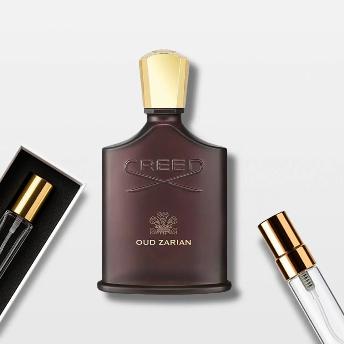 בושם Oud Zarian מבית Creed, מבט חזיתי על בקבוק היוקרה המקורי והאייקוני של המותג.