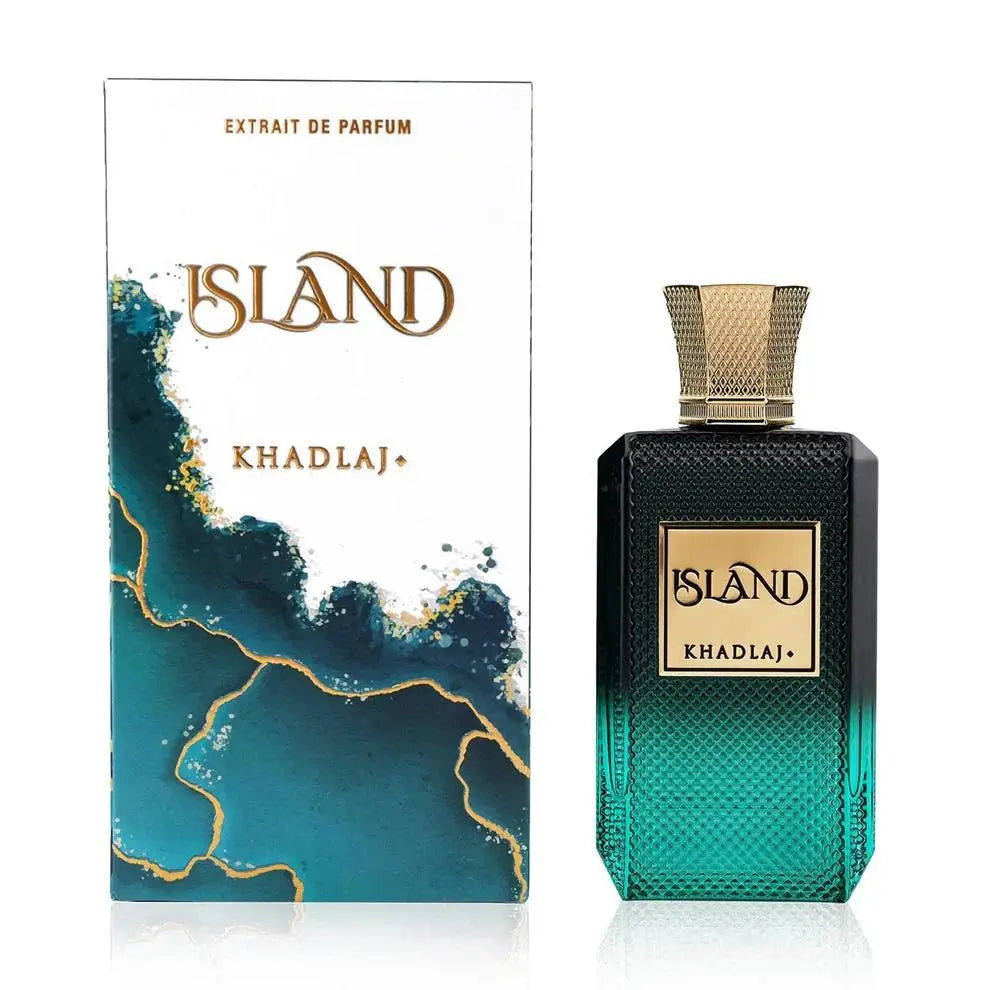 מארז מלא הכולל בקבוק ואריזה של בושם Island מבית Khadlaj יוניסקס 100 מ"ל, לחוויית רכישה יוקרתית ושלמה.