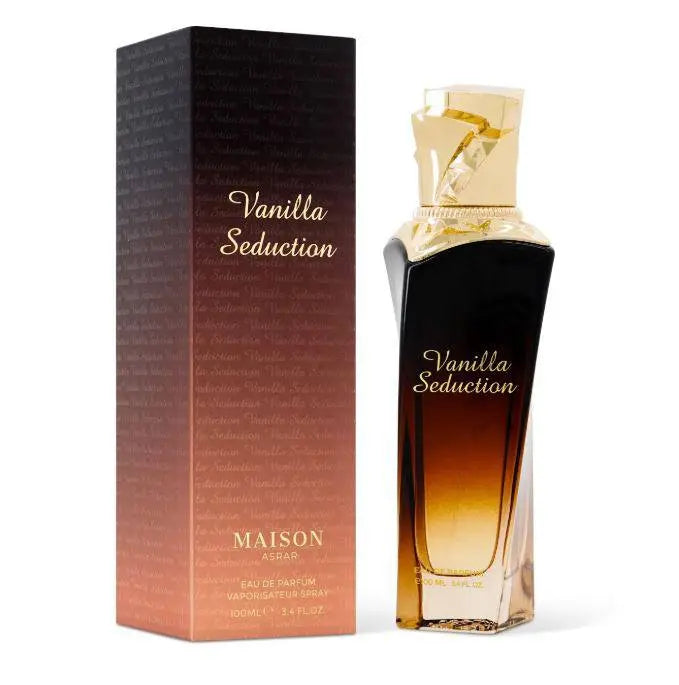 בושם Vanilla Seduction (ונילה סדקשן) מבית Maison Asrar לנשים 100 מ"ל, מבט חזיתי על בקבוק היוקרה המבטיח ניחוח וניל חמים וממכר.