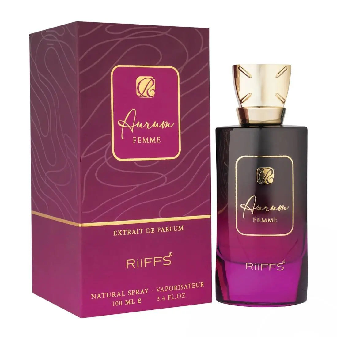 בושם Aurum Femme מבית Riiffs לנשים 100 מ"ל, Extrait De Parfum, מבט חזיתי על בקבוק היוקרה המבטיח ניחוח עשיר ויוקרתי.