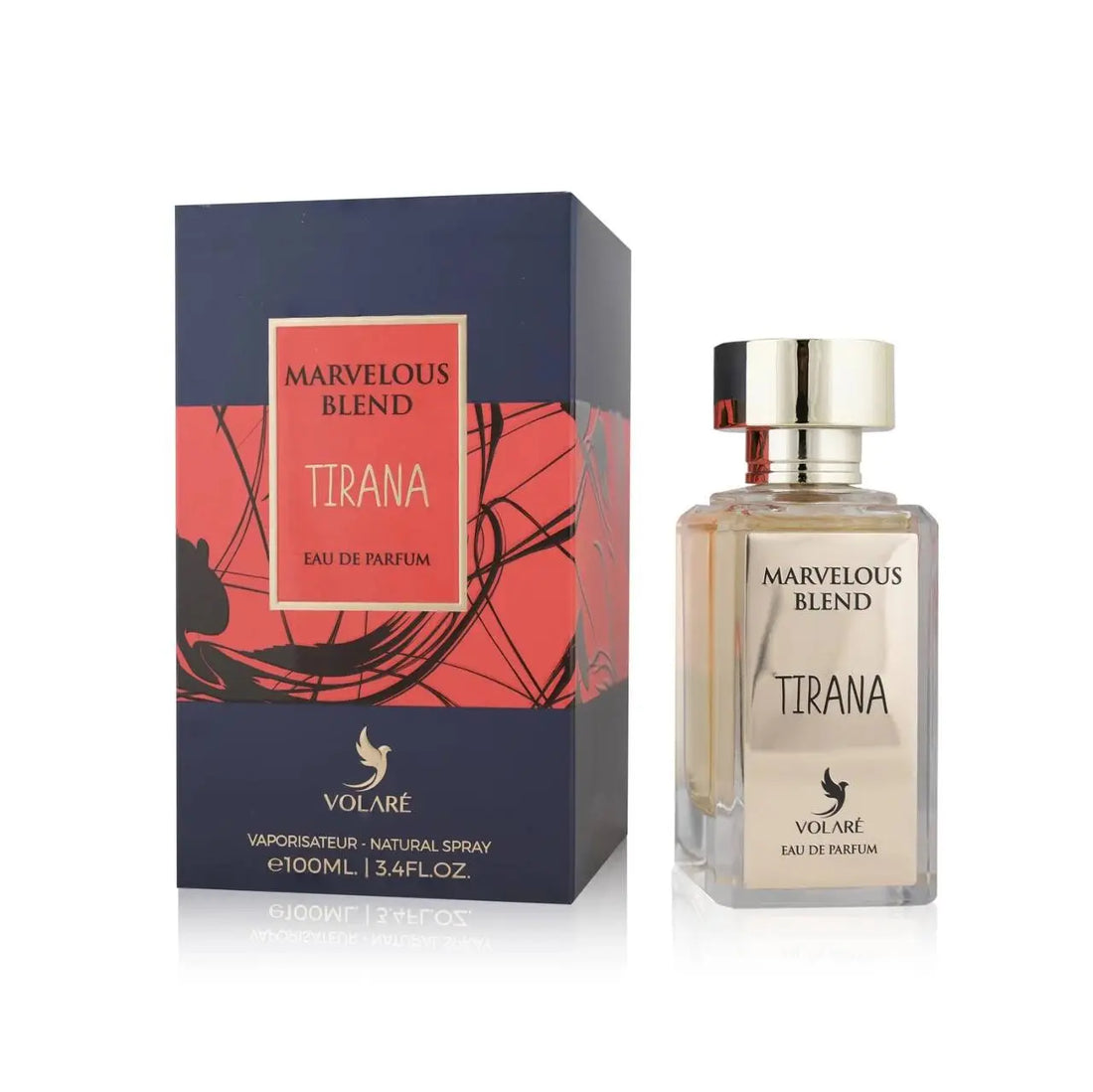 בושם Tirana Marvelous Blend (טיראנה מארווילוס בלינד) מבית Volaré יוניסקס 100 מ"ל, מבט חזיתי על בקבוק היוקרה.